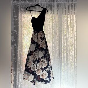 Betsy & Adam Black One-Shoulder Dress with Cream Rose Print Skirt